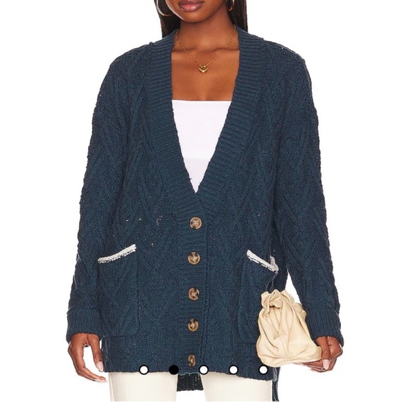 Free People Montana Cable Knit Cardigan Varsity Blue Oversized Size M NEW - Picture 1 of 16